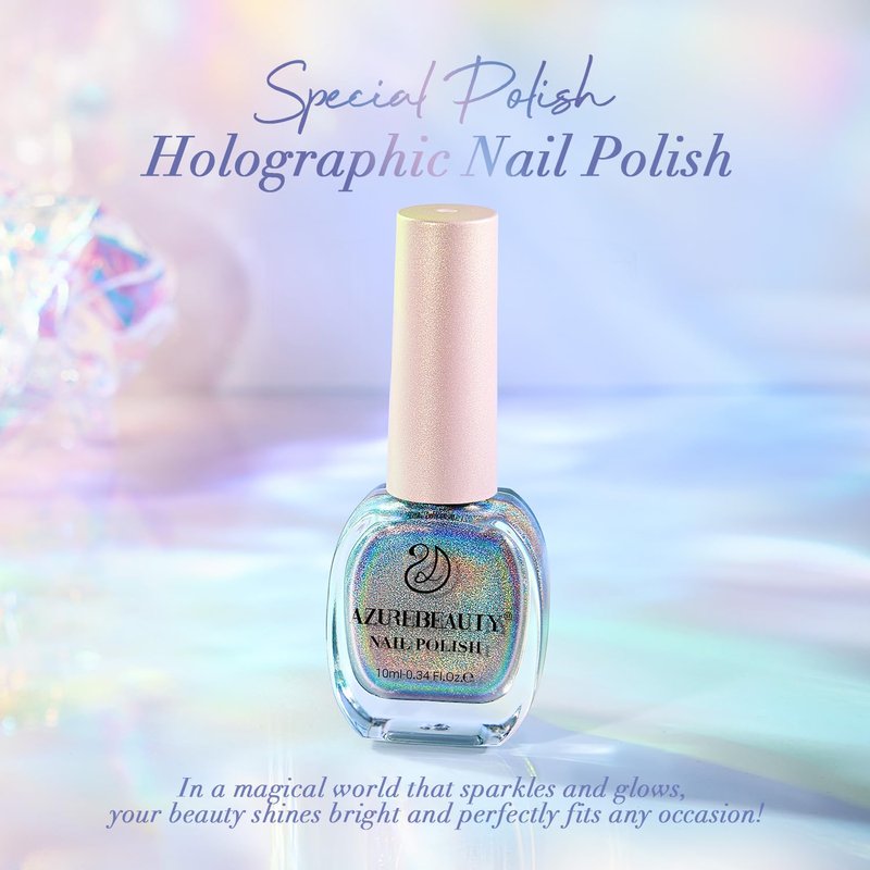 AZUREBEAUTY Holographic Nail Polish no Gel Fast Drying Silver Iridescent Natural Nail Lacquer High Shine DIY Salon Home Women Gifts 10ml