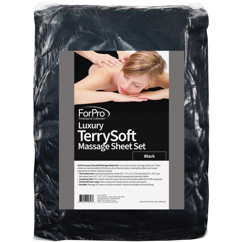 ForPro Luxury TerrySoft 3-Piece Massage Sheet Set, Black, Ultra-Soft, Stain and Wrinkle-Resistant, Includes Flat and Fitted Sheets and Face Rest Cover