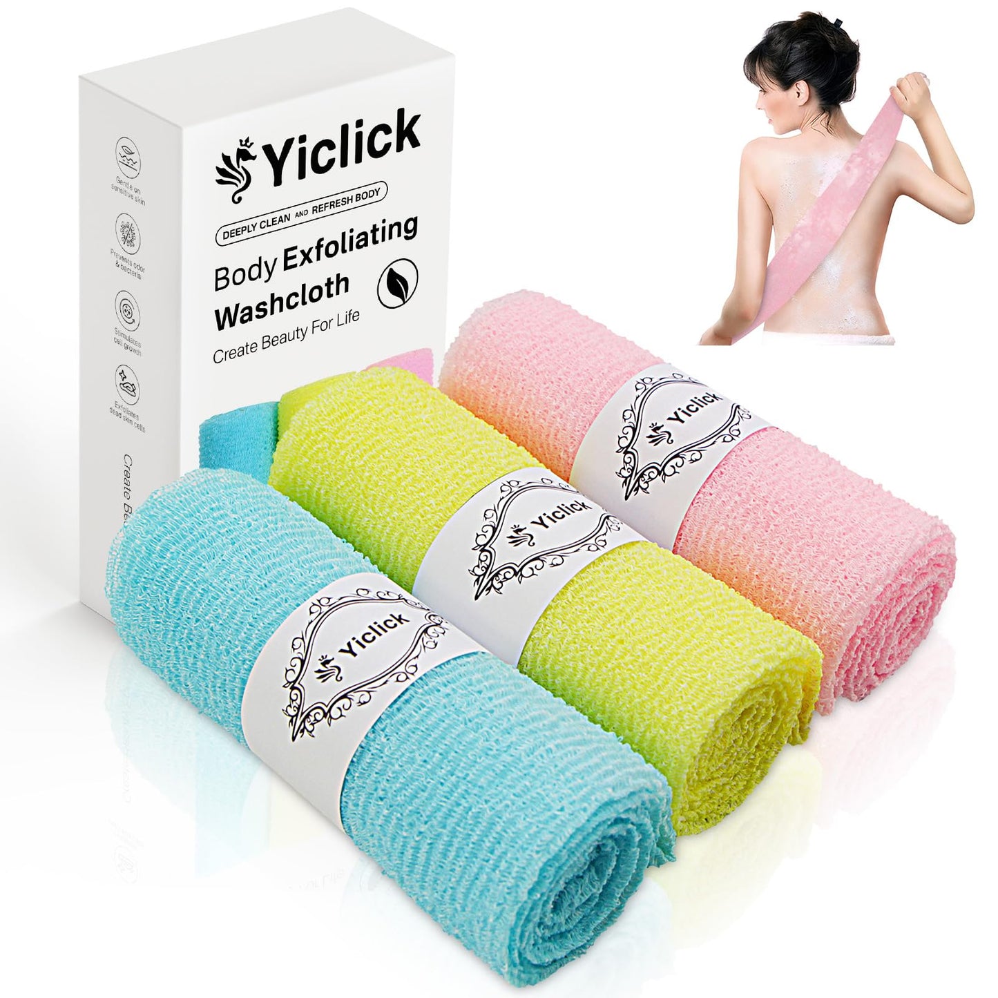 Yiclick Exfoliating Washcloth Towel, Exfoliating Body Scrubber, Back Scrubber for Shower Bath Washer, Japanese Exfoliating Wash Cloth, Korean Body Scrubber Exfoliator, Body Scrub Loofah Luffa Colors