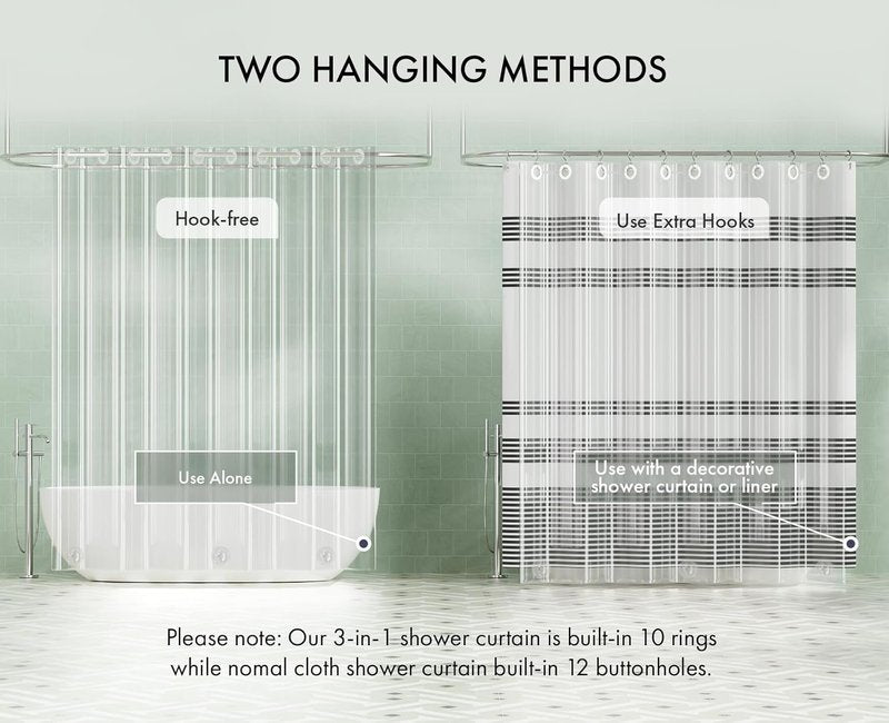 AmazerBath No Hook Shower Curtain - 3-in-1 Heavy Duty EVA Liner | 72x75 Clear Design with 3 Weights