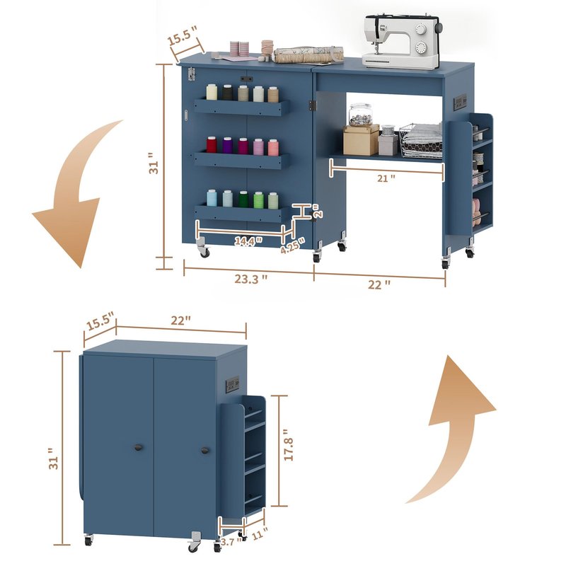 Folding Sewing Table with Power Outlet, Rolling Sewing Desk with Side Storage Rack, Compact Portable Sewing Cabinet for Sewing Machine, Craft Table Organizer for Home (Blue)
