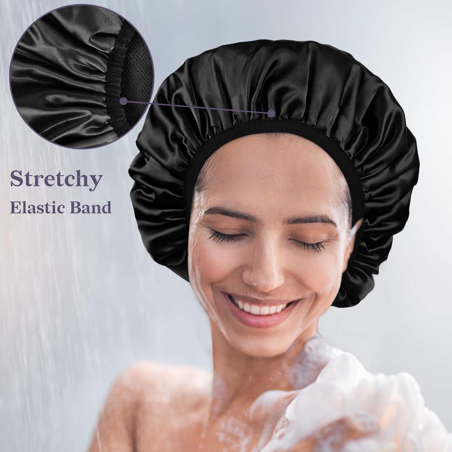 Yonchic Three-Layer Terry Cloth Lined Satin Shower Cap, with Silk Hair Ties, Microfiber Waterproof Reusable Large Size Shower Cap for Women Long Thick Hair (Black)