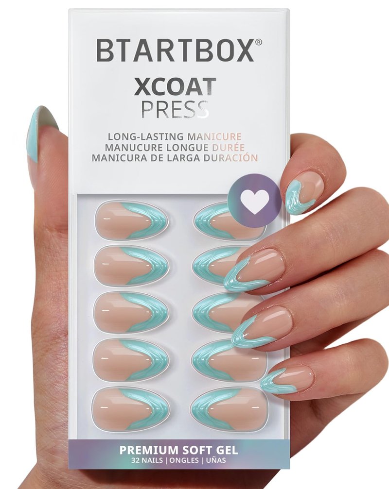 BTArtbox French Tip Press On Nails - Wave Ride, Lamp-Curable 4-Week Wear 3D Blue Swirl Short Almond Press On Nails with Glue and Adhesive Tabs, Easy-to-Apply in 16 Sizes - 32 Nails All-in-One Kit