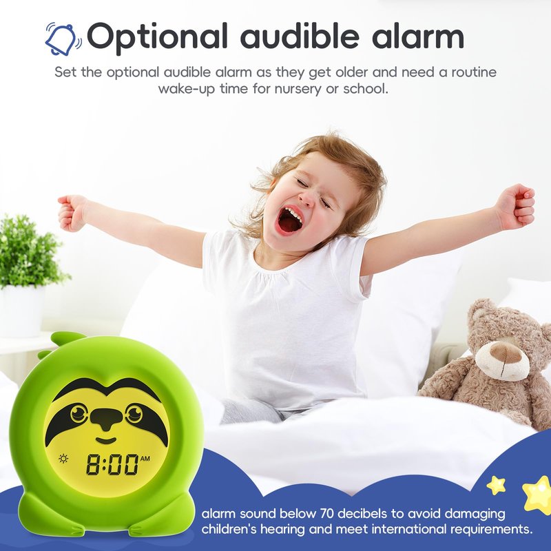 B&H Sleep Trainer Clock for Toddler - Ok to Wake Clock, USB Rechargeable Cute Kids Alarm Clock, Drop Proof Night Light, Science-Backed Lighting for Peaceful Sleep and Ready to Rise Mornings - Sloth