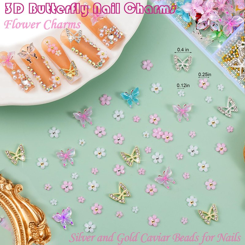 Nail Charms & Gems Kit - 10,000 Pcs Pink Bow, Heart & 3D Flower Charms | Gold Butterfly & Rhinestones for Nail Art