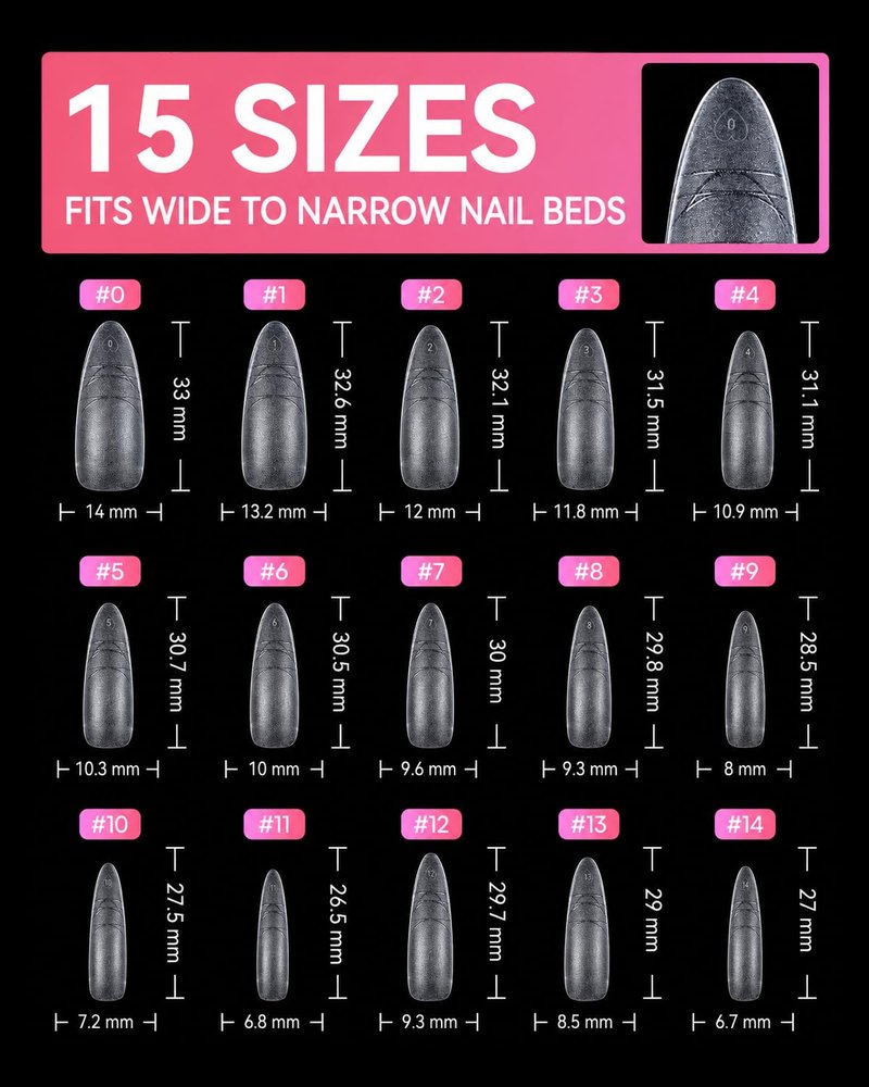 Makartt Long Almond Nail Tips: with Scales for Convenient Shape, Matte, 240 PCS, 15 Sizes, Fake Nails Stiletto - Full Cover Acrylic Press On Nail Extensions Manicure DIY Home for All Nail Beds