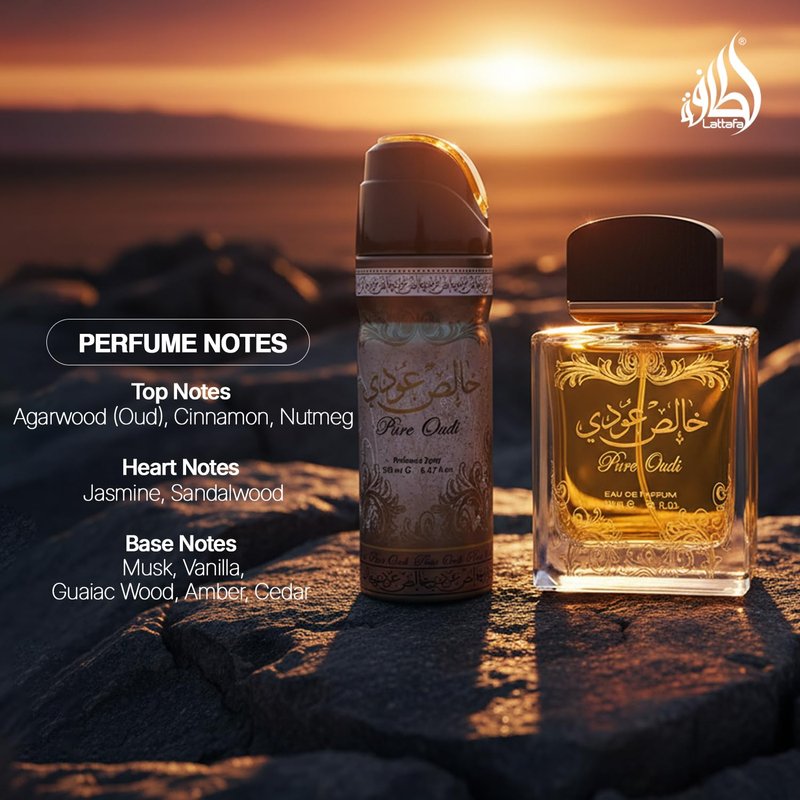Lattafa Perfumes Pure Oudi 2-Piece Set - Unisex Eau de Parfum Spray (3.4 Oz) & Body Spray (1.7 Oz)