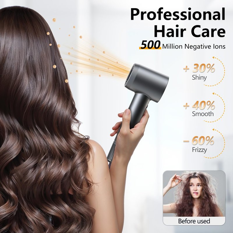 Hair Dryer - 1 Min Fast Drying, High-Speed Blow Dryer with 500 Million Negative Ions, No Heat Damage, Low Noise, Lightweight, Professional Hairdryer with Diffuser & Nozzle for Women, Gunmetal