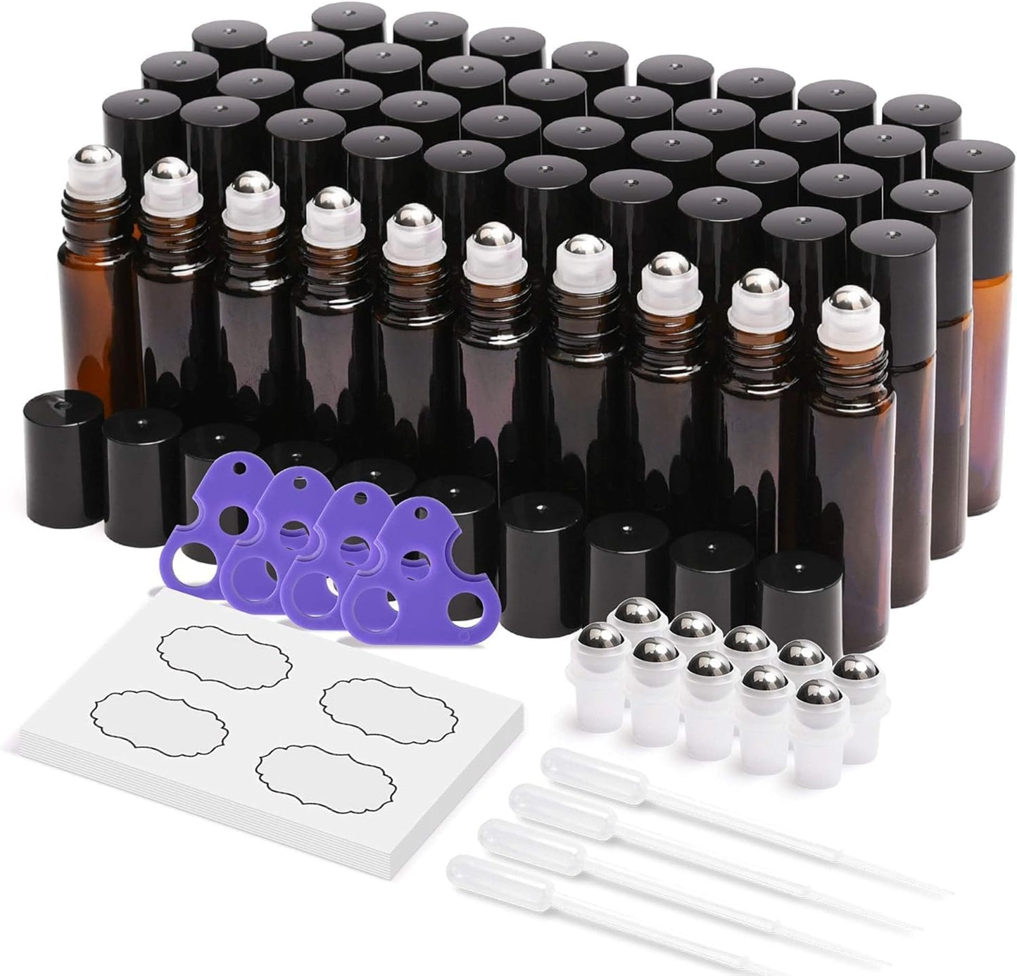 ULG 48-Pack Essential Oil Roller Bottles - 10ml Amber Bottles with Stainless Steel Roller Balls & Waterproof Labels