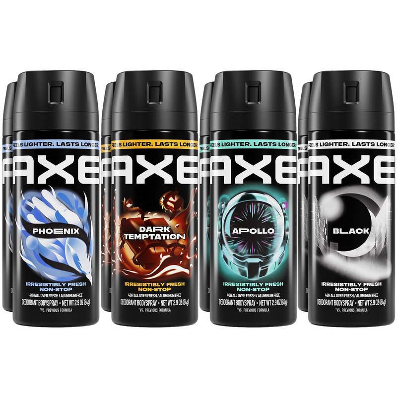AXE Aluminum-Free Deodorant Body Spray Variety 8-Pack (Apollo, Phoenix, Black, Dark Temptation) – 48H High-Definition Scent & Odor Protection, 2.9 Oz Ea
