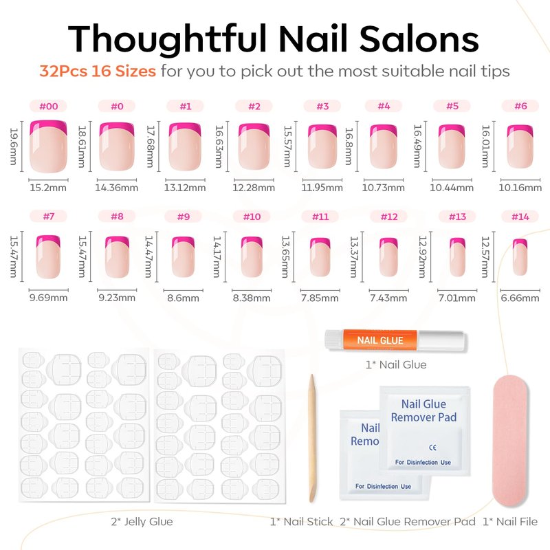 Modelones French Tip Press on Nails Short, Square Spring Fake Nails, Reusable Nail Kit with Nail Glue Adhesive Tabs Mini Nail File, Nails Press Ons 32Pcs 16Sizes, Women Girl Gift, Hot Pink