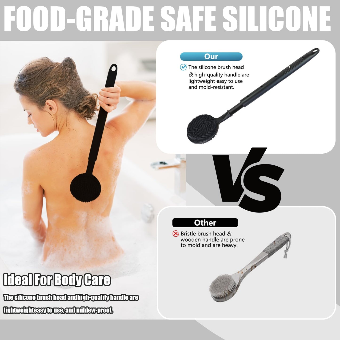 Silicone Back Scrubber for Shower, 16''- 24' Adjustable Long Handle Shower Back Brush, Dual-Sided Body Brush for Exfoliating, Massage & Rich Foam, Perfect Bath Scrubber for Men, Women