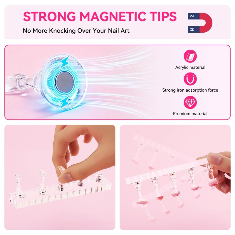 ESUOHYM Nail Stand For Press On Strong Magnetic Nail Art Tips Holder For Painting Gel Nails Display Supplies With 200PCS Double-Sided Tape & 1 Heart Shaped Acrylic Presson Stands with Case Nail Tech Supplies