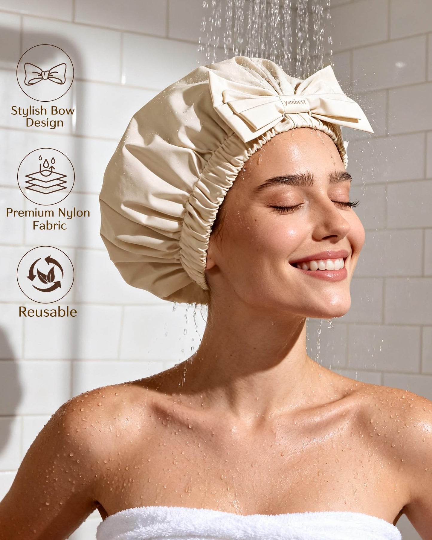 Yanibest Shower Cap Reusable Waterproof, Wide Elastic Band Bath Cap - Comfortable & Durable Bath Hair Hat for Women