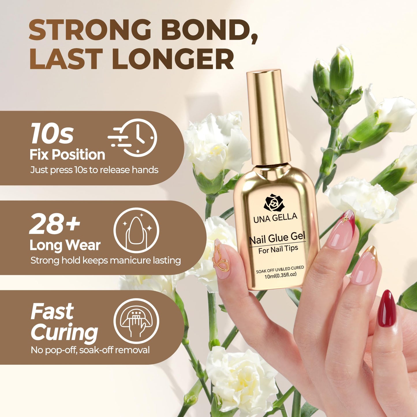 UNA GELLA 9 in 1 Gel Nail Glue for Clear Acrylic Nails Tips 2Pcs 10ml Long Lasting Super Strong Brush on Nail Gel Glue for False Press on Nails Tips Base Blooming Gel, U V Light Required