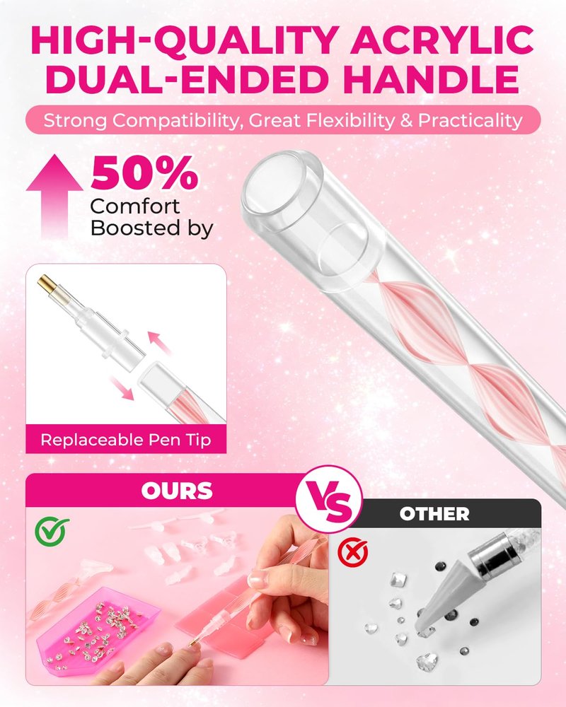 Rhinestone Picker Tool Kit - Dual-Ended Applicator & 12 Tips | Nail Art Craft Tools (Pink)