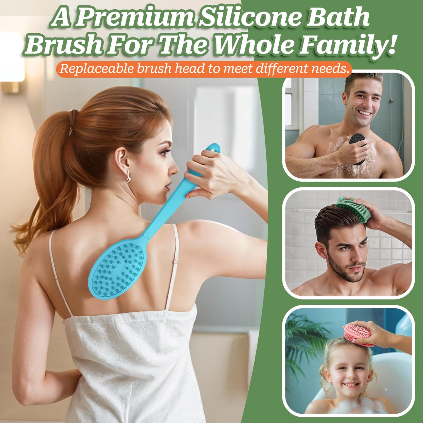 GEENOA Back Scrubber for Shower, Gentle Silicone Body Scrubber, Soft Silicone Loofah with Handle, Back Brush Bath Brush with Detachable Brush Head.