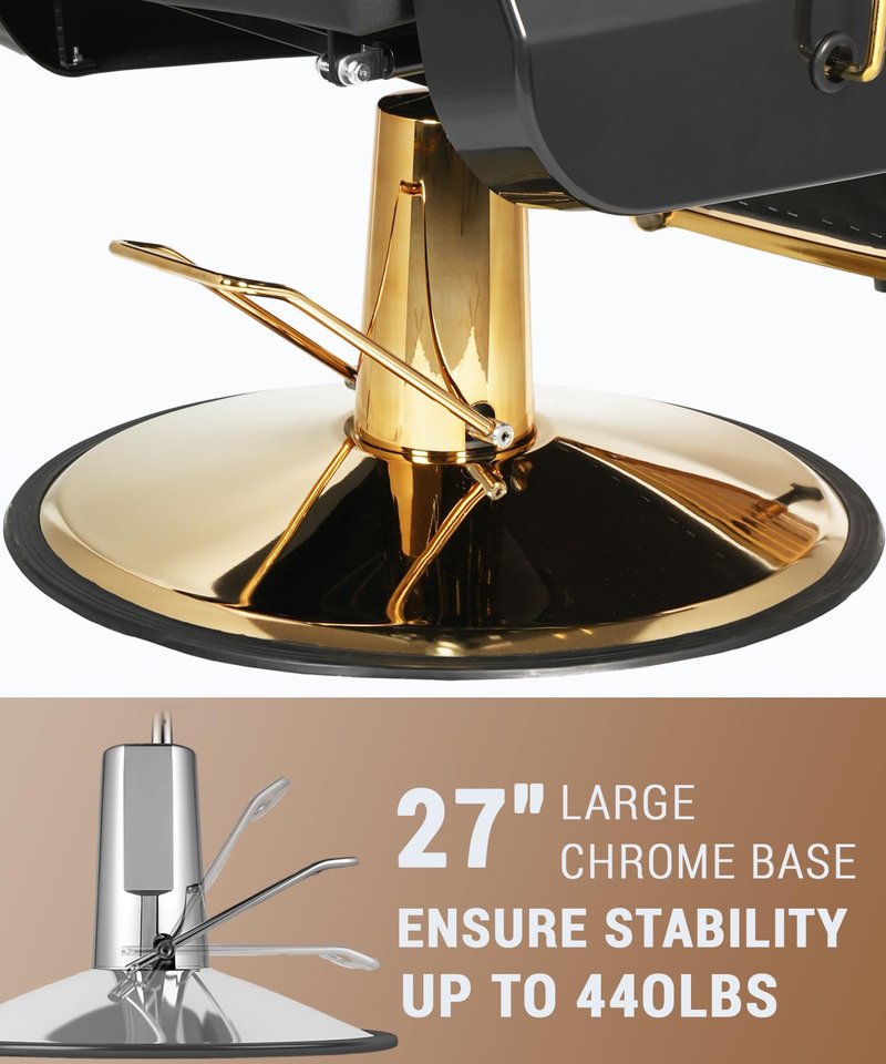 Felivine Barber Chair, Heavy Duty Barber Chair for Home Reclining Barber Chair with Adjustable Headrest & Footrest, All-Purpose Barber Chairs Adjustable Hydraulic 360° Swivel, Black Gold