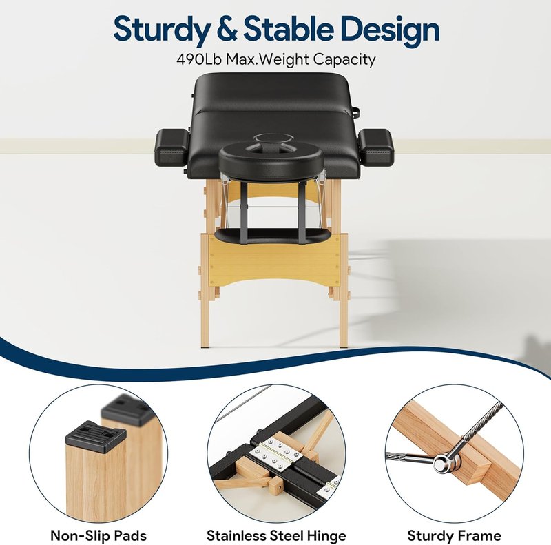 Brelley Portable Massage Table - Adjustable Height 24" Wide Foldable Spa & Tattoo Bed (Black)