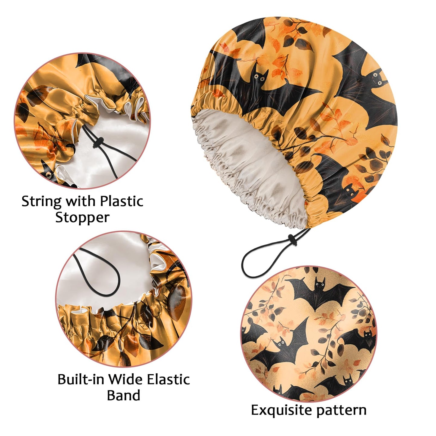 Cabreche Luxury Shower Cap Satin Silk Lined Adjustable Elastic Reusable Waterproof Shower Bath Cap Cute for Women Girls-Orange Bat