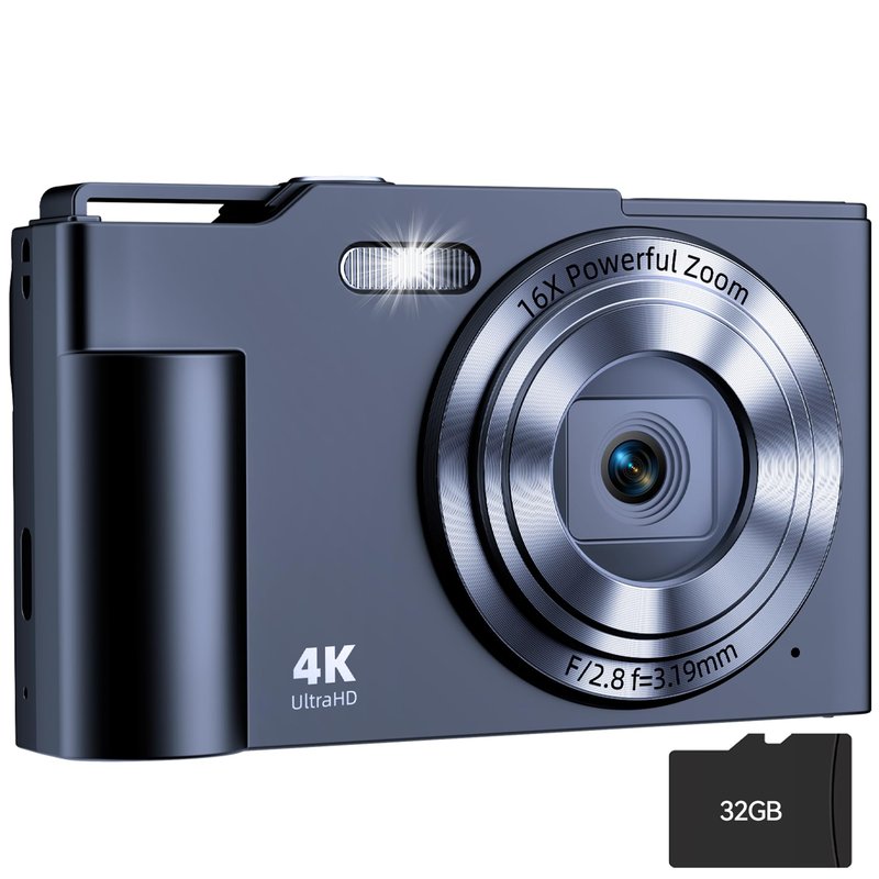 Digital Camera, FHD 4K Digital Point and Shoot Camera with 16X Zoom Anti Shake, 48MP Compact Small Camera with 32GB Card for Boys Girls Kids Lamp Black