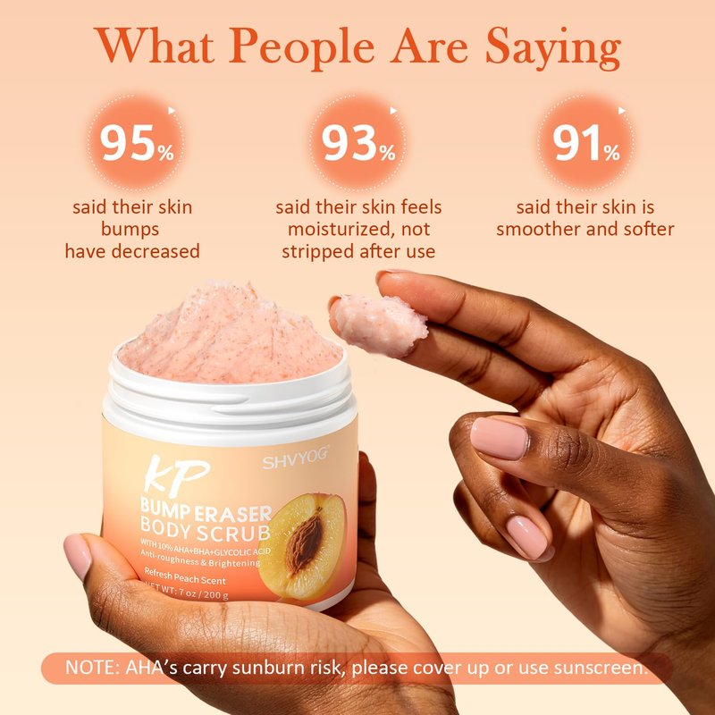SHVYOG KP Bump Eraser Body Scrub with 10% AHA+BHA & Glycolic Acid, Exfoliating Body Scrub for Chicken & Strawberry Skin, Helps Reduce Skin Bumps, Soothe Rough Redness, Ingrown Hair, Peach Scent 7 Oz