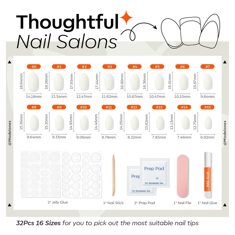 modelones Short Press on Nails, Oval Fake Nails Kit Press Ons with Nail Glue, Adhesive Tabs, Nail File, Prep Pad, Manicure Stick, 32Pcs 16 Sizes, Milky White, Spring Women Girl Gift