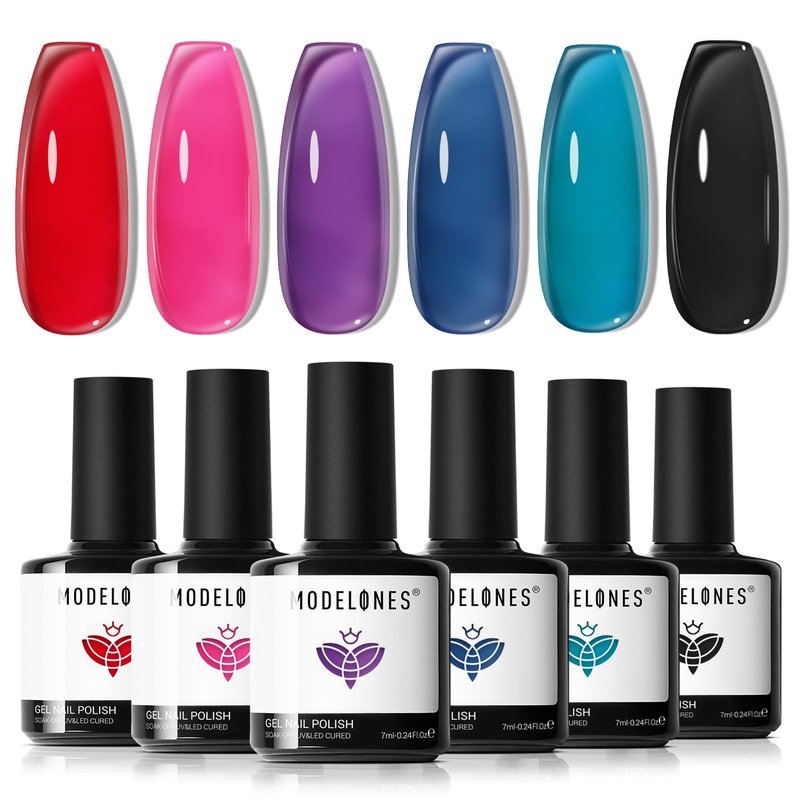 modelones Jelly Gel Nail Polish, 6 Colors Pink Red Green Blue Purple Black Sheer Translucent Effect Gel Polish Set for DIY French Nails Polka Dot Nails Soak Off Nail Art Kit Manicure Salon