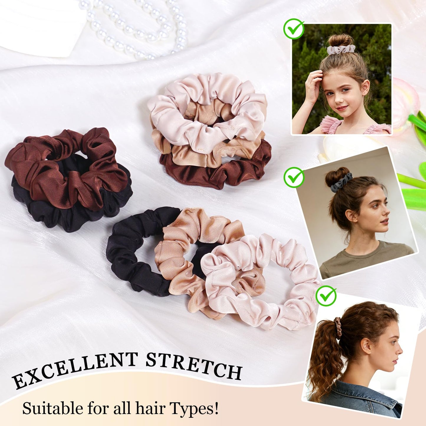 Ultra-Petite Satin Scrunchies for Women – 8PCS Neutral No Damage Hair Ties (Black, Blonde, Dark Brown, Light Brown) – No Crease, Frizz-Free, Gentle Elastic Bands for Day & Night, Perfect Gifts