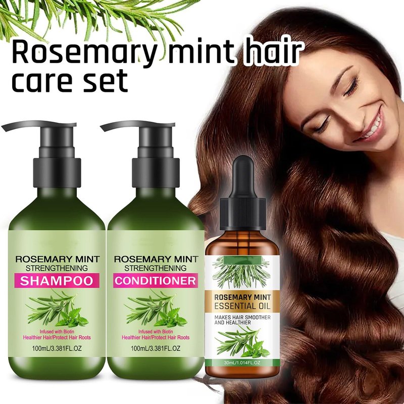 Rosemary Mint Strengthening Shampoo and Conditioner with Hair Oil, Rosemary Hair Treatment Set For Strengthens Hair, Nourish & Smooth for Thin Hair, Reduce Frizz and Hair Loss, Add Shine