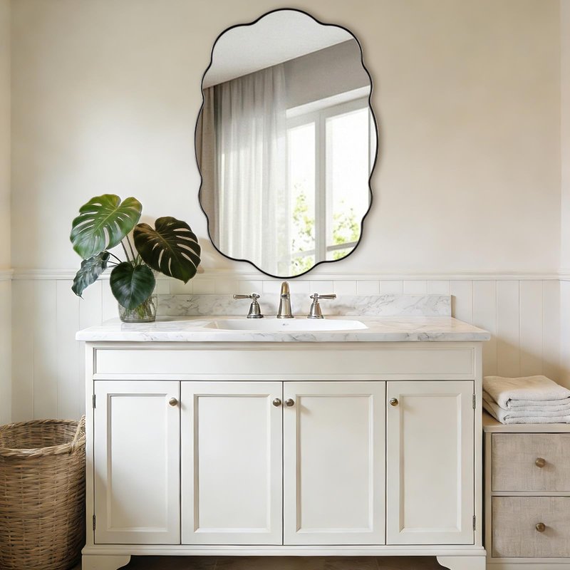 ANDY STAR Chrome Wavy Oval Bathroom Mirror - 26x38 Inch Polished Scalloped Bathroom Mirror, Unique Irregular Design with Heavy Duty SUS Metal Frame