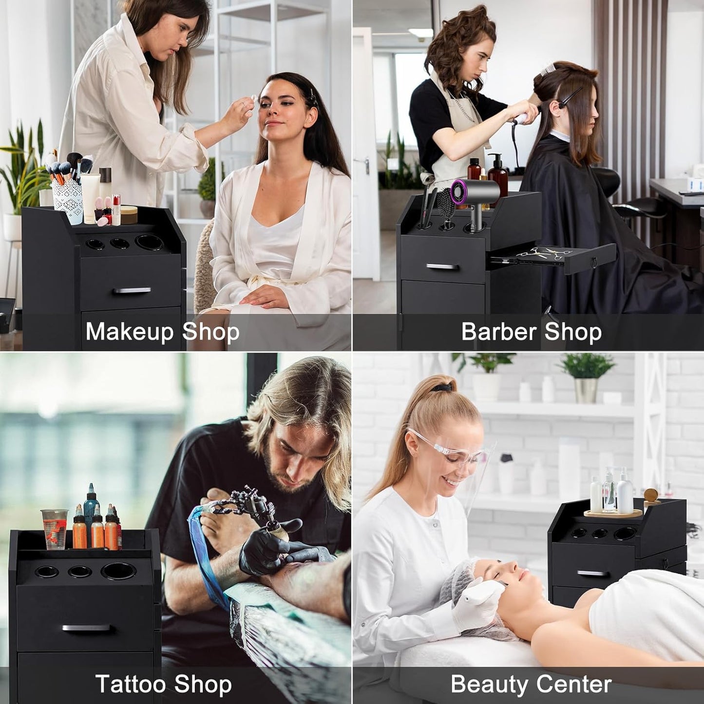Winado Hair Salon Storage Cart - Mobile Makeup Case with Wheels, 3 Dryer Holders & 4 Drawers | Black