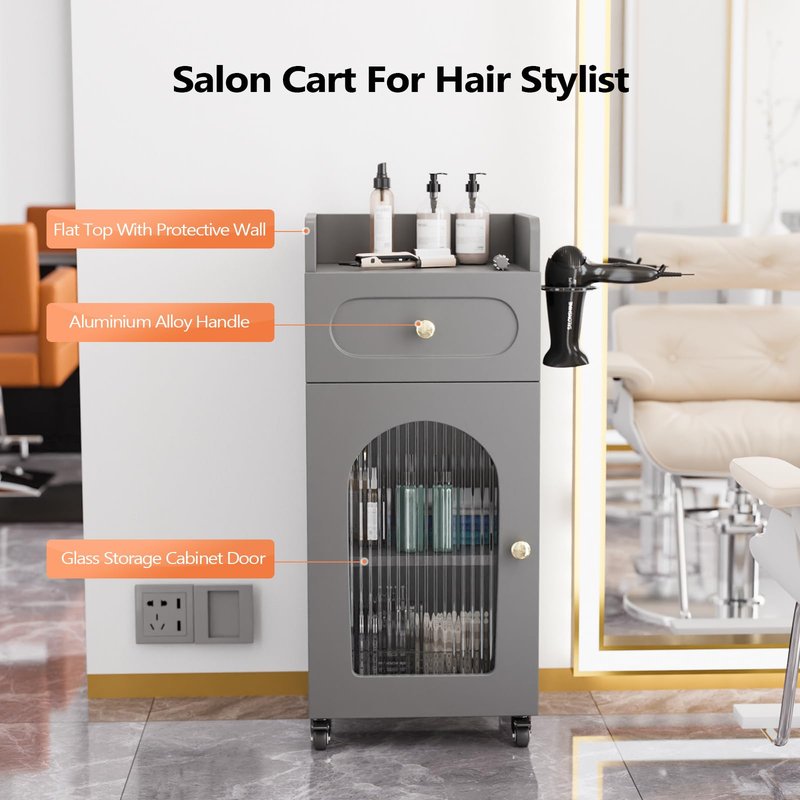 Salon Cart with Wheels & Adjustable Shelf, 3-Tier Rolling Beauty Trolley for Hair Stylist, Barber, Esthetician, Storage Cabinet w/Glass Door & Hair Dryer Holder, Mobile Station for Spa, Tattoo (Gray)
