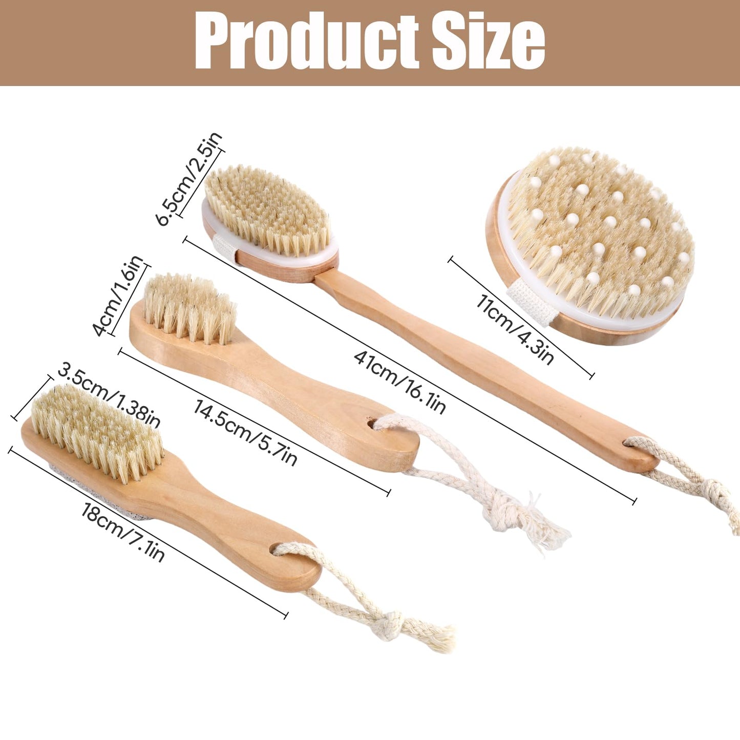 4PCS Dry Brushing Body Brush Set, Bamboo Dry Brush for Body Face Foot, Boar Bristle Long Handle Face Cleansing Shower Scrubber Brushes