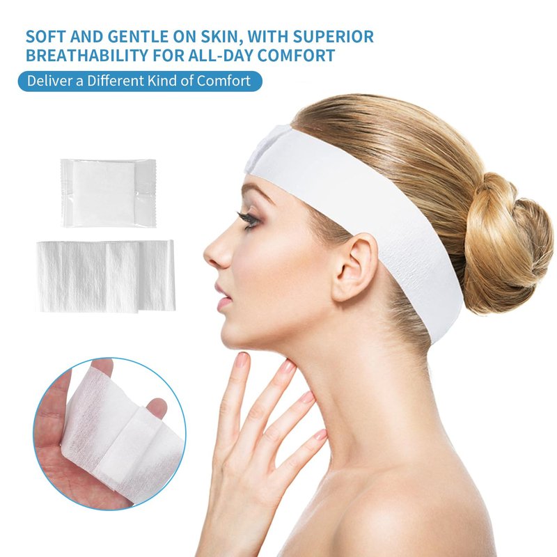 MoyRetty Disposable Headbands - 100 Pack Spa Hair Bands for Facials | Adjustable Magic Tape