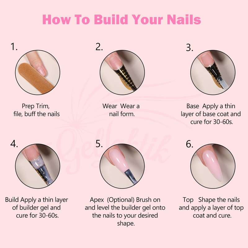 GELLAKTIK Builder Gel for Nails, 4X15ml 7 in 1 Builder Gel Nail Polish, LED Lamp Cured for Clear Rubber Base & Strengthener Extensions, Thickening, Repair (Clear, White, Nude, Pink)