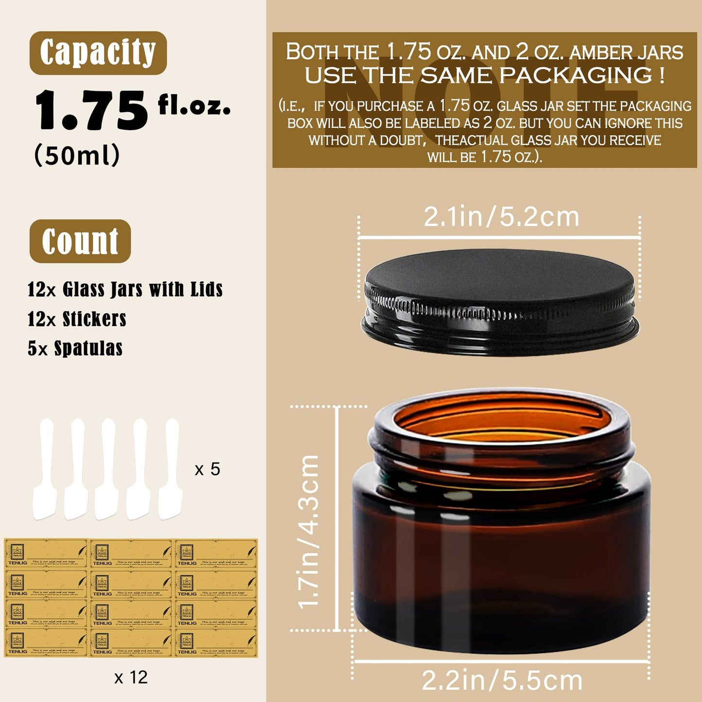 TENLIG 1.75 oz Glass Jars with Lids,Amber,12 Pack Empty Cosmetic Containers with Inner Liners,Black Metal Lid,Refillable Round Airtight Jars,Use to store Lotion,Powders,Candle Making