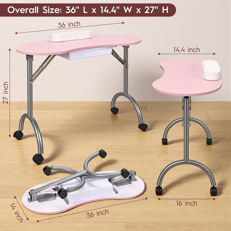 CHAOEEMY Portable Nail Desk,Foldable Manicure Table for Nail Tech,Rolling Nail Tech Desk with Drawer,Travel Bag,Pink