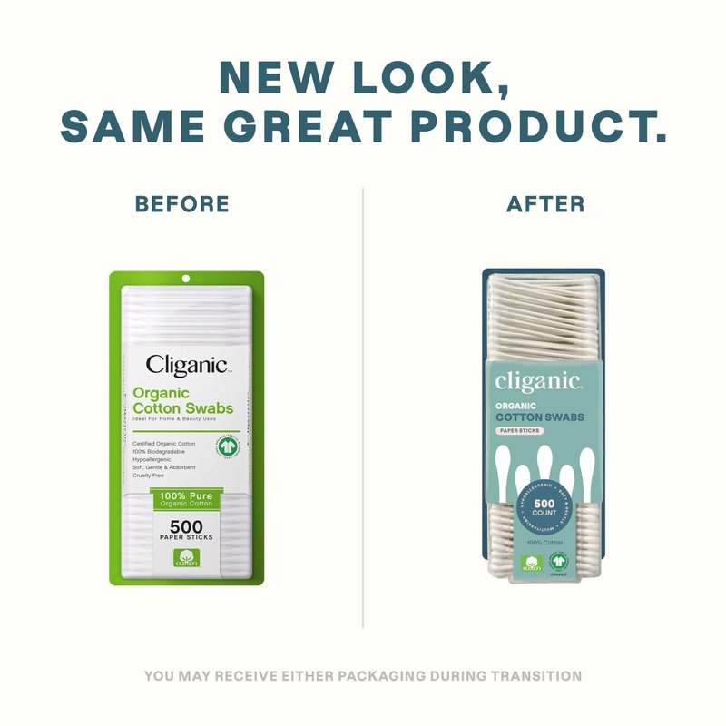 Cliganic Organic Cotton Swabs, 500 Count - 100% Pure Natural Cotton, Chlorine-Free Hypoallergenic, Soft, Gentle & Absorbent Buds