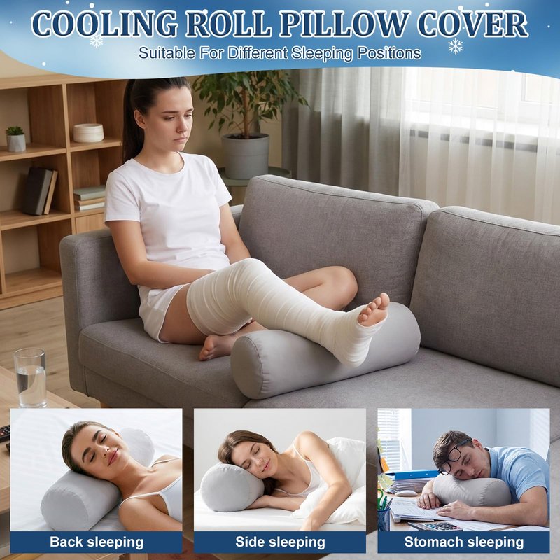 Newwiee 2 Pcs Cooling Cervical Neck Roll Pillow Cover with Zipper (Pillow Case Only) 16 x 6 Inch Round Neck Roll Pillowcover Breathable Cylinder Soft Bolster Pillowcase for Cylindrical Cushion, Gray