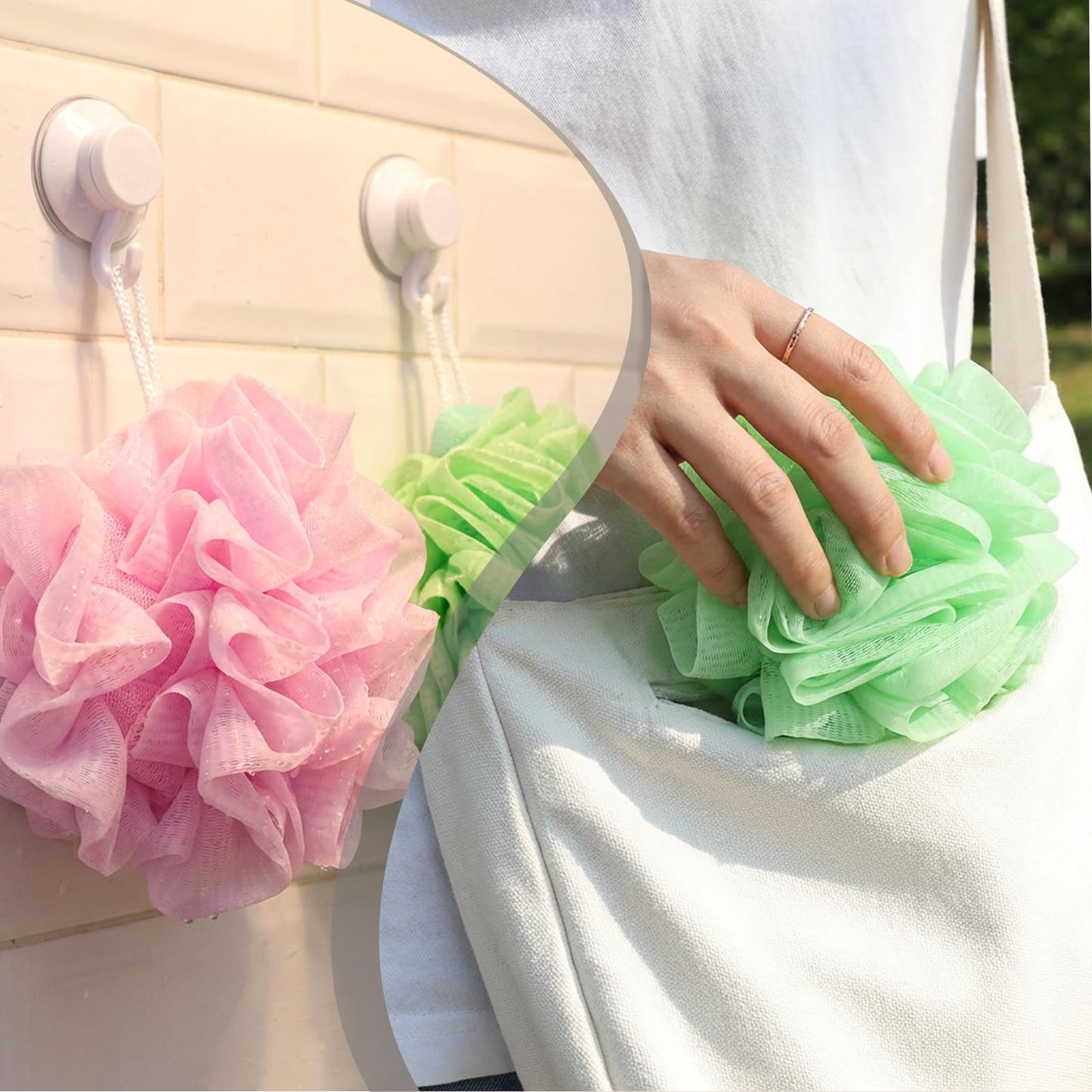 2 Pack Loofah Sponge Shower Loofahs - 50G Bath Sponges Mesh Balls with Pocket to Hold Soape - 2 Colors Exfoliator Wash Back Scrubber for Women & Men