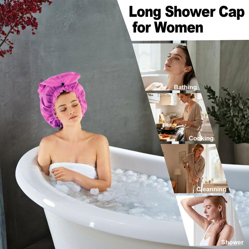 ELEBOX Extra Large Shower Cap for Braids/Curly Hair/Dreadlock | Reusable Waterproof Long Bonnets for Women Shower/Cooking/Cleaning/Spa | XL Bathing Cap with Adjustable Drawstring & Button, Purple