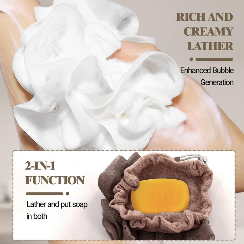 3 PCS Soap Bar Loofah that Holds Bar Soap-Exfoliation Mesh Shower Ball,2 in 1 Bath Loofah Sponge with Drawstring (Coffee, Khaki, White)