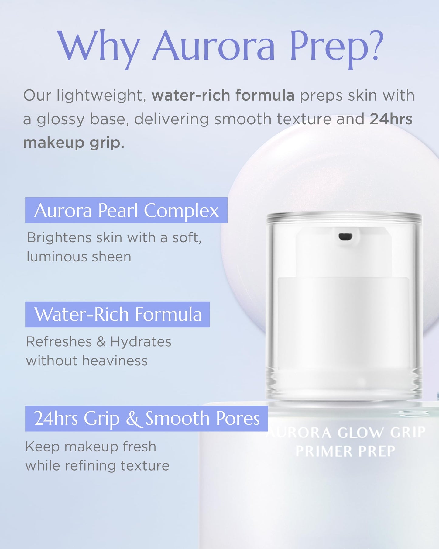 Vitkle Aurora Glow Grip Primer Prep - Korean Illuminating Makeup Base for Radiant Skin - 8-Layer Hyaluronic Acid and Ceramides - Pore Minimizing, Sebum Control, Long Lasting Makeup, 1.01 fl.oz.