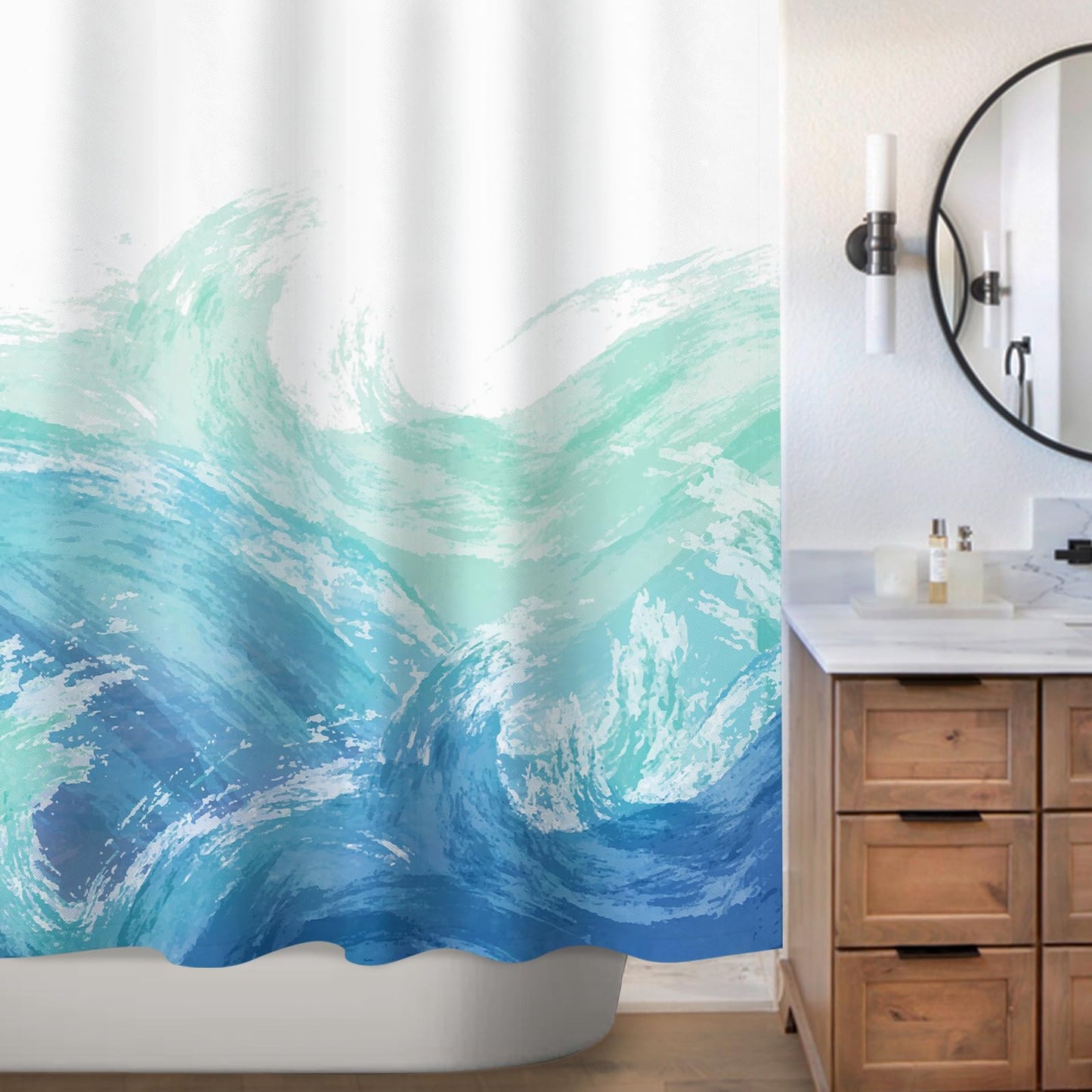 Sunlit Wave Shower Curtain, Ombre Blue and Green Ocean Theme Shower Curtain for Bathroom Modern Decor Waterproof Tapestry, 71x71 Inch