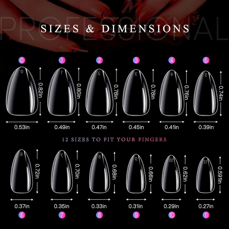 Krofaue Almond Nail Tips - 240 Pcs Clear Full Cover Soft Gel Fake Nails | 12 Sizes for Easy DIY Manicures