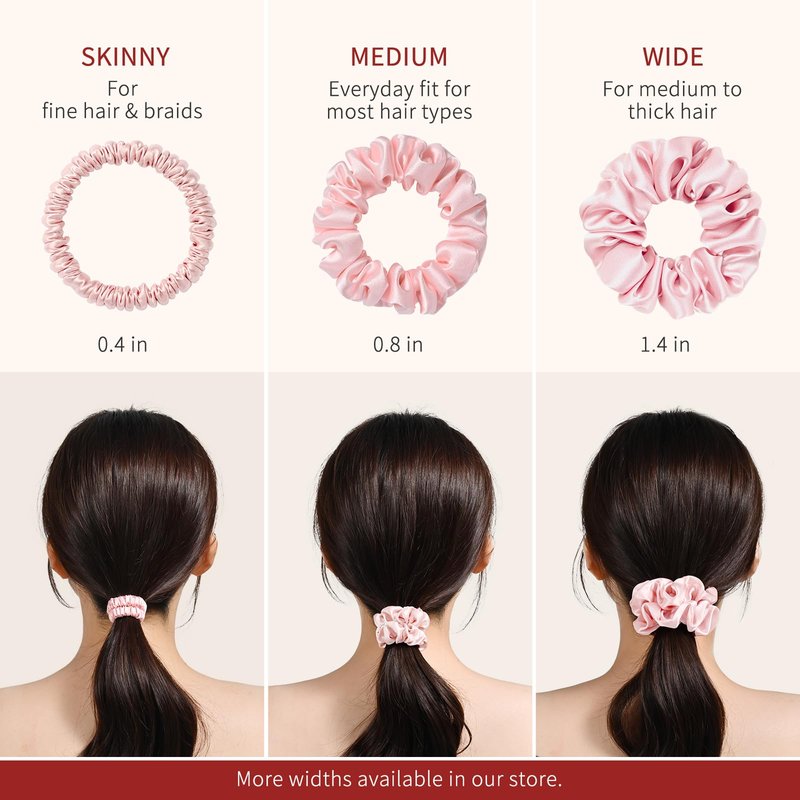 Silk Hair Ties Thin 0.4 Inch Wide, 100% Mulberry Silk 6A 22 Momme, Soft & Gentle No-Crease for Fine Hair, Ponytail Hold, Women & Girls, Fabric Sample Included (Black & Brown & Light Brown)