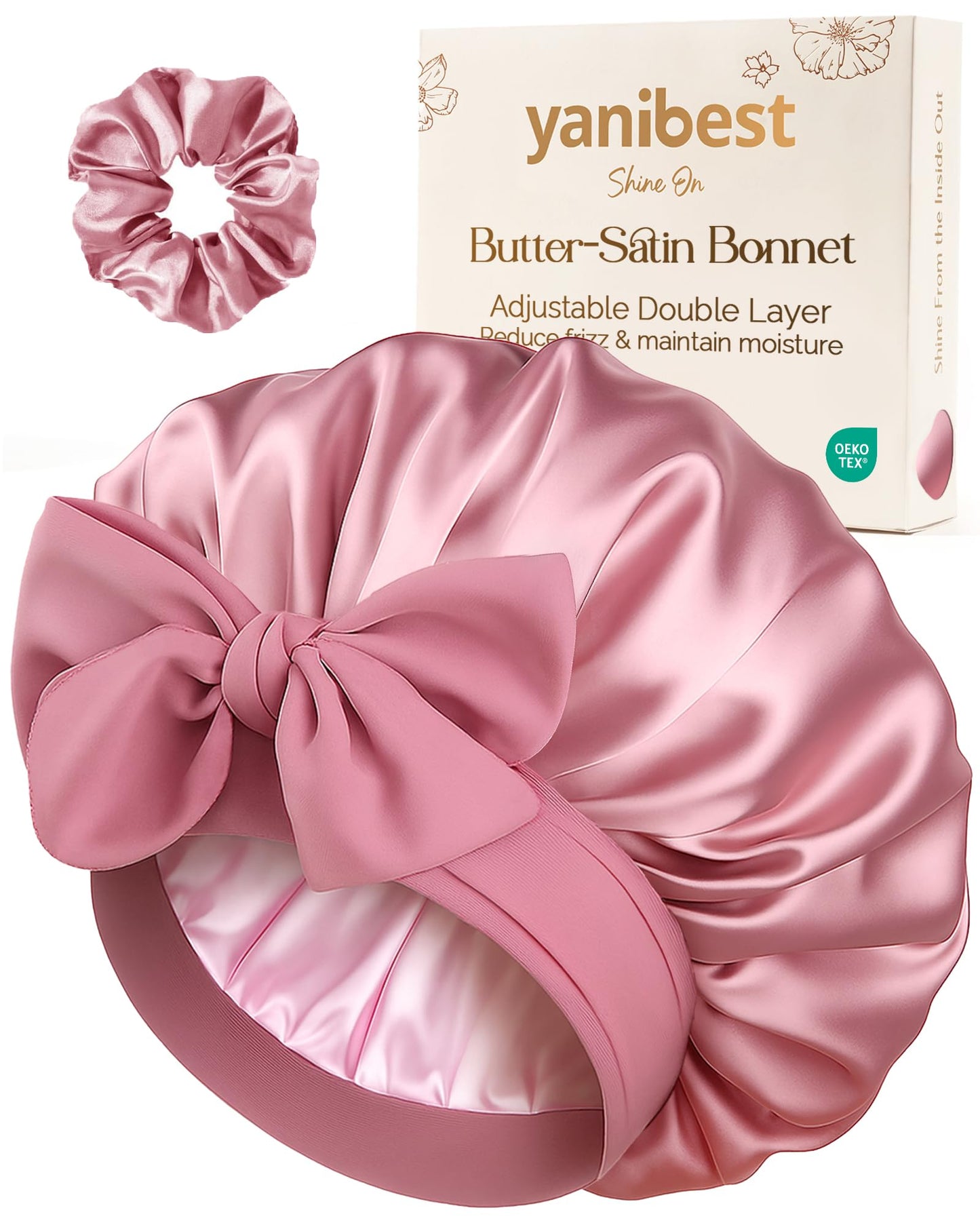 YANIBEST Adjustable Double Layer Satin Bonnet, Silk Hair Bonnet for Sleeping with Elastic Tie Curly Natural Hair Reduce frizz, Beanpaste Pink