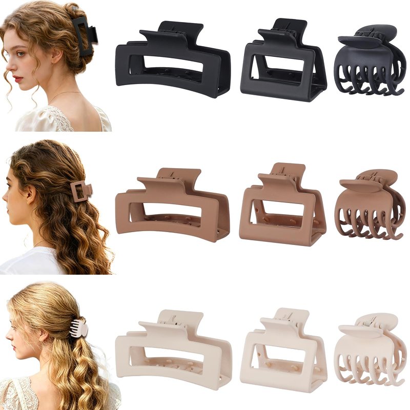 CHANDAT Medium Claw Hair Clips Set for Women - 3 Styles, 9 pcs Rectangle Clips for Thick Hair, Square Clips for Thin Hair - Brown