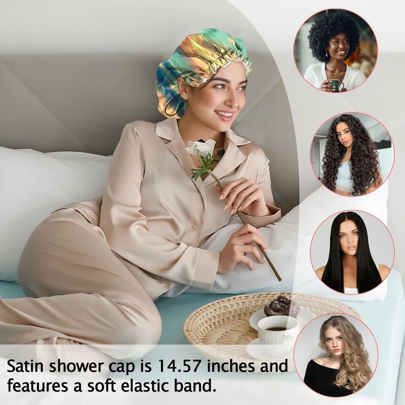 Cabreche Luxury Shower Cap Satin Silk Lined Adjustable Elastic Reusable Waterproof Shower Bath Cap Cute for Women Girls-Beach